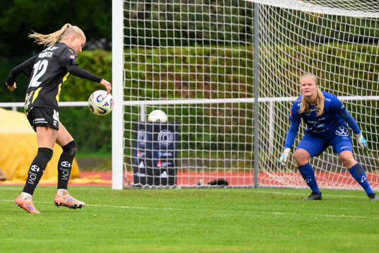 Häckens Stine Sandbech och Alingsås målvakt Alexandra