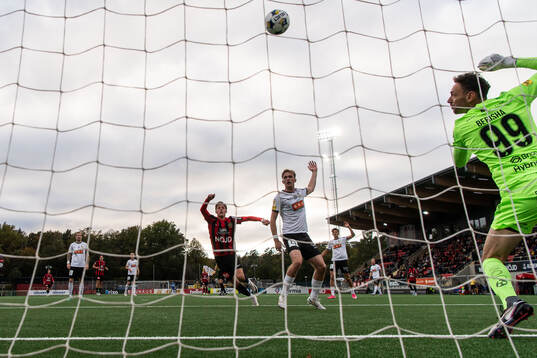 Brommapojkarnas Daleho Irandust (not pictured) scores 1-0