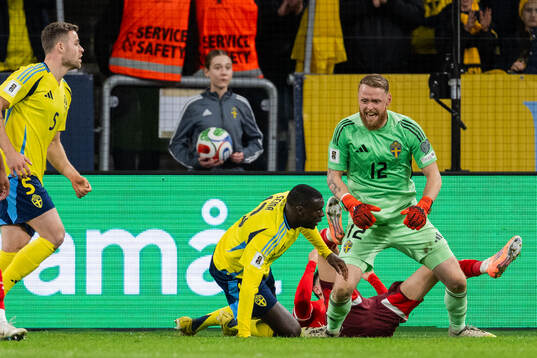 Carl Starfelt and goalkeeper Viktor Johansson of Sweden
