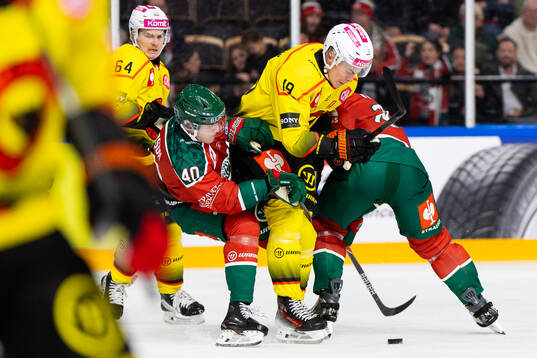 Waltteri Merelä of SC Bern and Jacob Peterson and