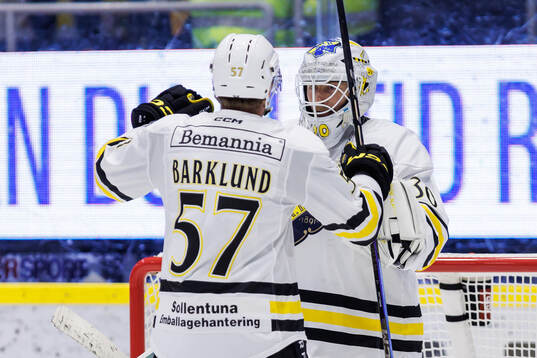 AIKs Alfred Barklund och målvakt Victor Brattström jublar