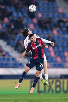 Denzel De Roeve of Brann and Nicolo Cambiaghi of Bologna