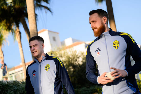 Emil Holm and goalkeeper Viktor Johansson of the Swedish