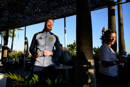 Goalkeeper Viktor Johansson press officer Petra Thorén of