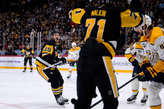 Anthony Mantha of Pittsburgh Penguins celebrates the 0-2