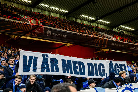 Fans of Malmö FF with a banner for Åge Hareide, former