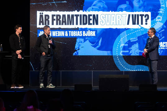 Domare Johan Wedin och Tobias Björk i samtal med moderator
