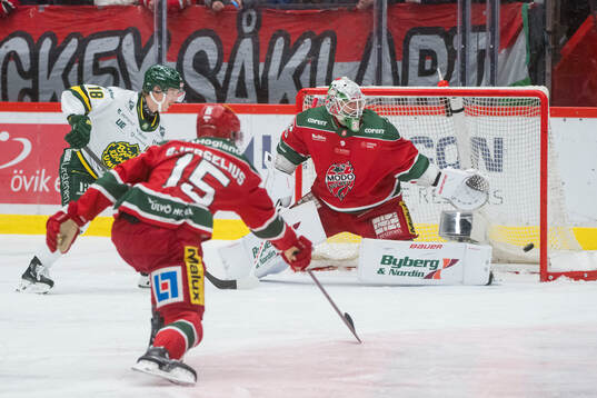 Björklövens Axel Ottosson och Modos målvakt Adam Werner