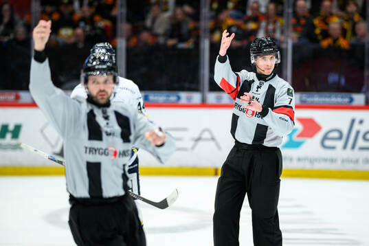 Domare Christoffer Holm gör tecknet för high stick