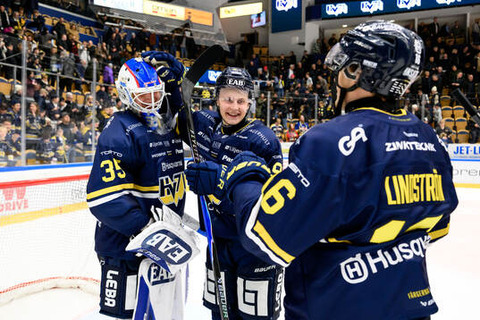HV71s målvakt Olof Glifford och Hugo Pettersson jublar