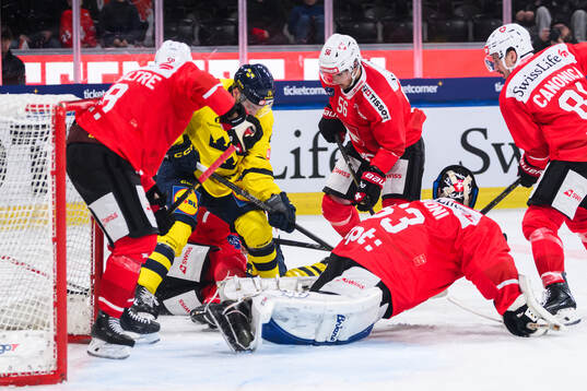 Erik Brännström of Sweden in the ice hockey game between