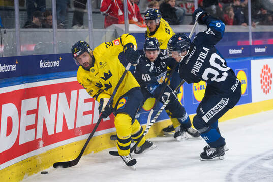 Lukas Bengtsson of Sweden in the ice hockey game between