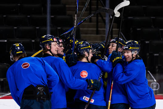 Players of Sweden celebrate at a practice session