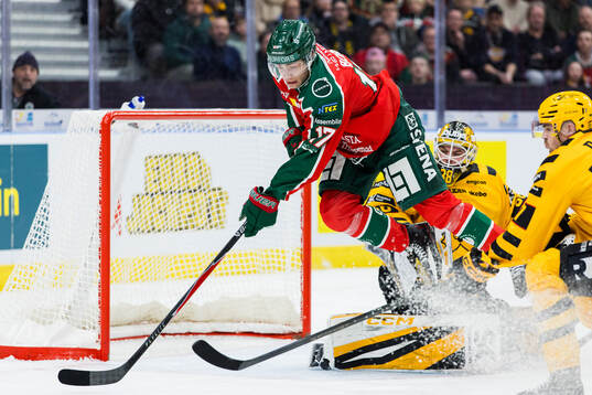 Frölundas Isac Born och Skellefteås målvakt Strauss Mann