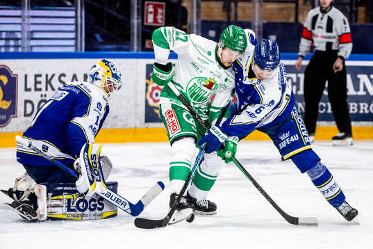 Leksands målvakt Marcus Gidlöf och Rögles Linus Sjödin