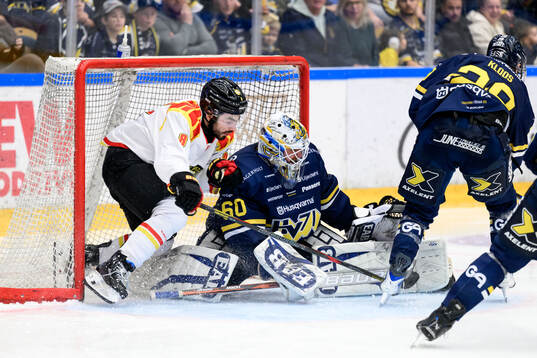 Brynäs Bobby Trivigno och HV71s målvakt Felix Sandström