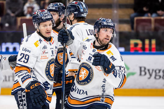 Växjös Dylan Mclaughlin jublar med Sebastian Strandberg