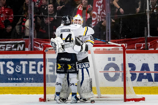 HV71s Hugo Fransson och målvakt Felix Sandström jublar