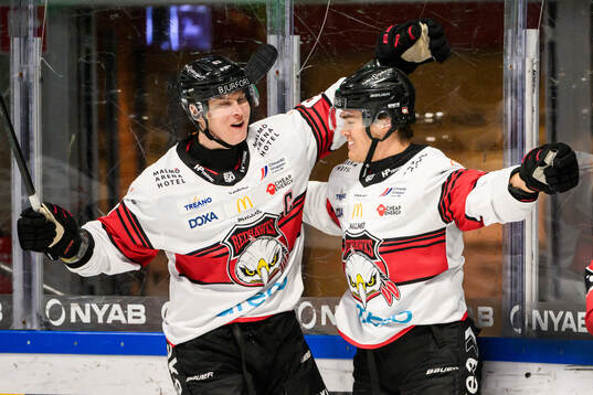 Malmö Redhawks Fredrik Händemark och Axel Sundberg jublar