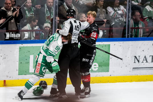 Rögles Filip Johansson och Malmö Redhawks Thomas Berg