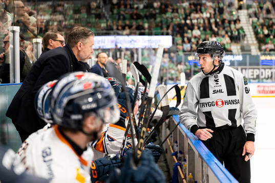 Växjös assisterande tränare Fredrik Hellgren och Domare