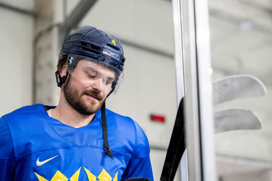 Rasmus Andersson of Sweden at an ice hockey practice session