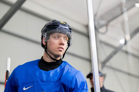 Jesper Bratt of Sweden at an ice hockey practice session