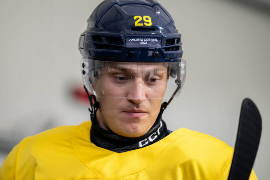 Pontus Holmberg of Sweden at an ice hockey practice session