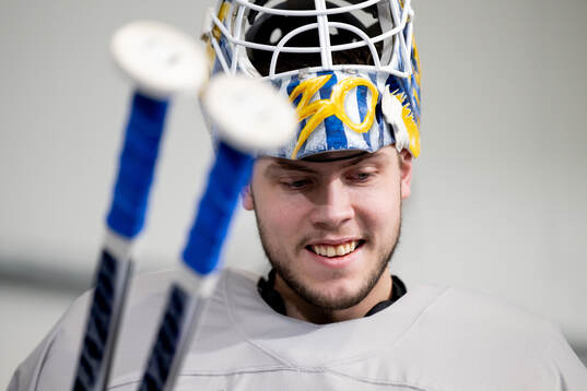 Goalkeeper Jesper Wallstedt of Sweden at an ice hockey