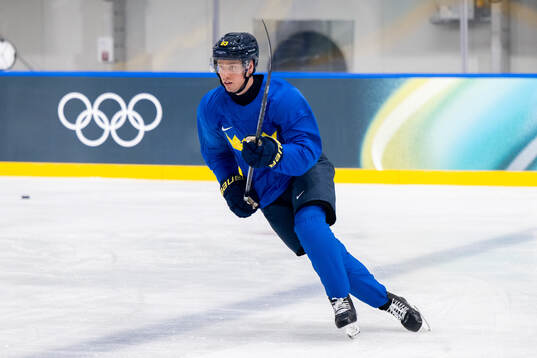 Jesper Bratt of Sweden at an ice hockey practice session