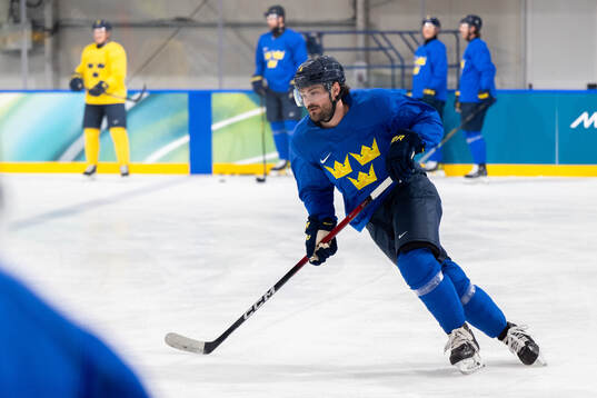 Rasmus Andersson of Sweden at an ice hockey practice session