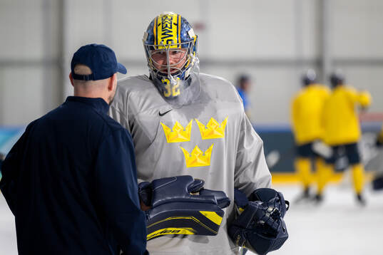 Goalkeeper Filip Gustavsson of Sweden at an ice hockey