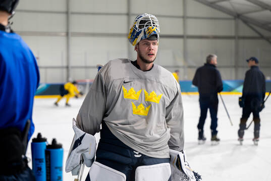 Goalkeeper Jesper Wallstedt of Sweden at an ice hockey