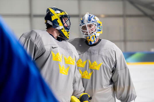 Goalkeepers Jacob Markstrom and Jesper Wallstedt of Sweden