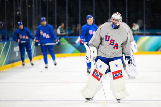 Jeremy Swayman of USA at an ice hockey practice session