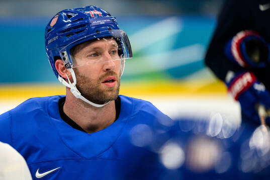 Jaccob Slavin of USA at an ice hockey practice session