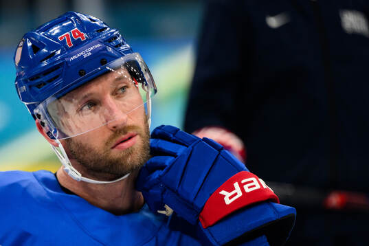 Jaccob Slavin of USA at an ice hockey practice session