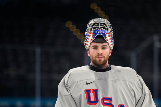 Goaltender Jeremy Swayman of USA at an ice hockey practice