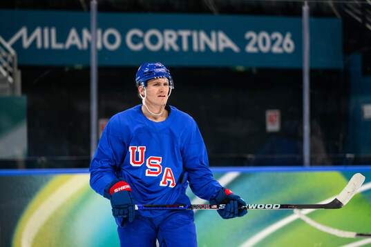 Matthew Tkachuk of USA at an ice hockey practice session