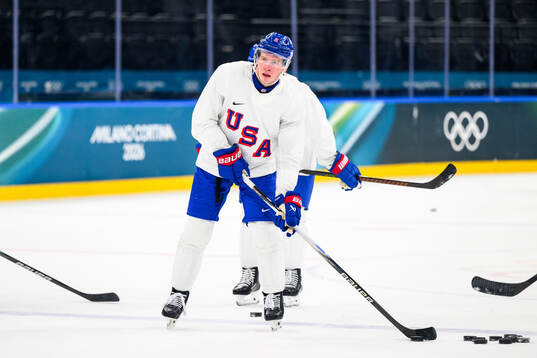 Jackson Lacombe of USA at an ice hockey practice session
