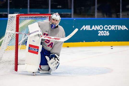 Goaltender Jeremy Swayman of USA at an ice hockey practice