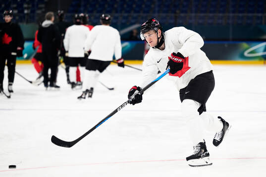 Nathan MacKinnon of Canada at an ice hockey practice session
