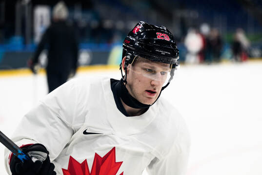 Nathan MacKinnon of Canada at an ice hockey practice session