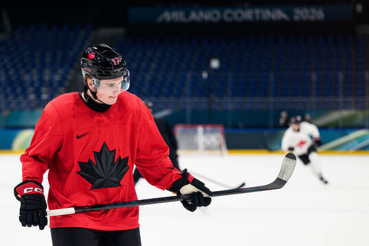 Macklin Celebrini of Canada at an ice hockey practice