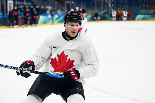 Nathan MacKinnon of Canada at an ice hockey practice session