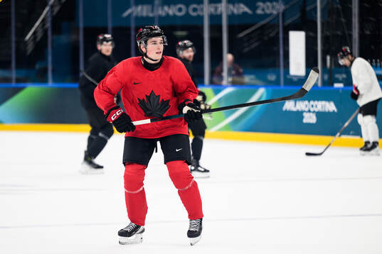 Macklin Celebrini of Canada at an ice hockey practice