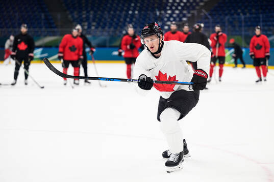 Nathan MacKinnon of Canada at an ice hockey practice session