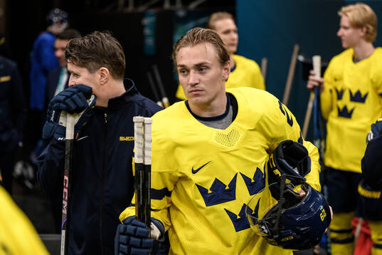 Pontus Holmberg of Sweden at an ice hockey practice session
