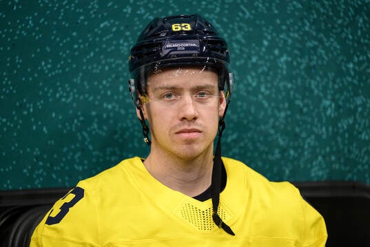 Jesper Bratt of Sweden at an ice hockey practice session