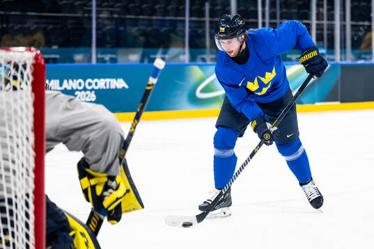 Elias Lindholm of Sweden at an ice hockey practice session